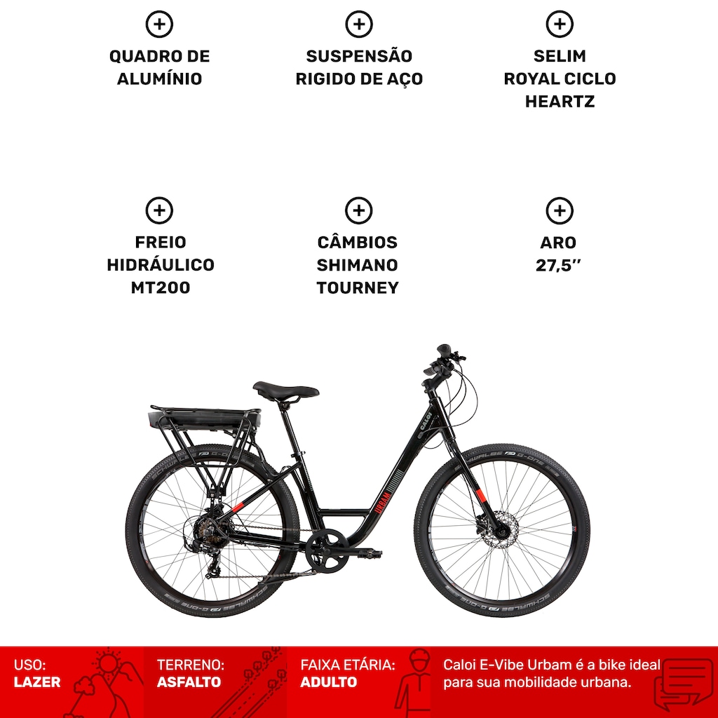 Imagem 2 do produto Bicicleta Elétrica Caloi E-Vibe Urbam - Aro 27,5 - Motor 350 W - Freios Hidráulico Shimano