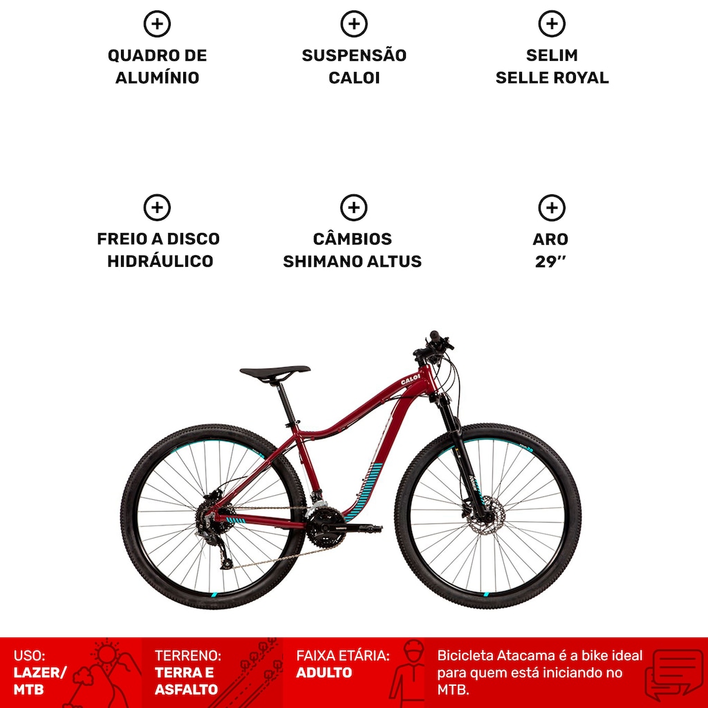 Imagem 2 do produto Mountain Bike Caloi Atacama Feminina - Aro 29 - Freio Disco Hidráulico - Câmbios Shimano Altus - 27V
