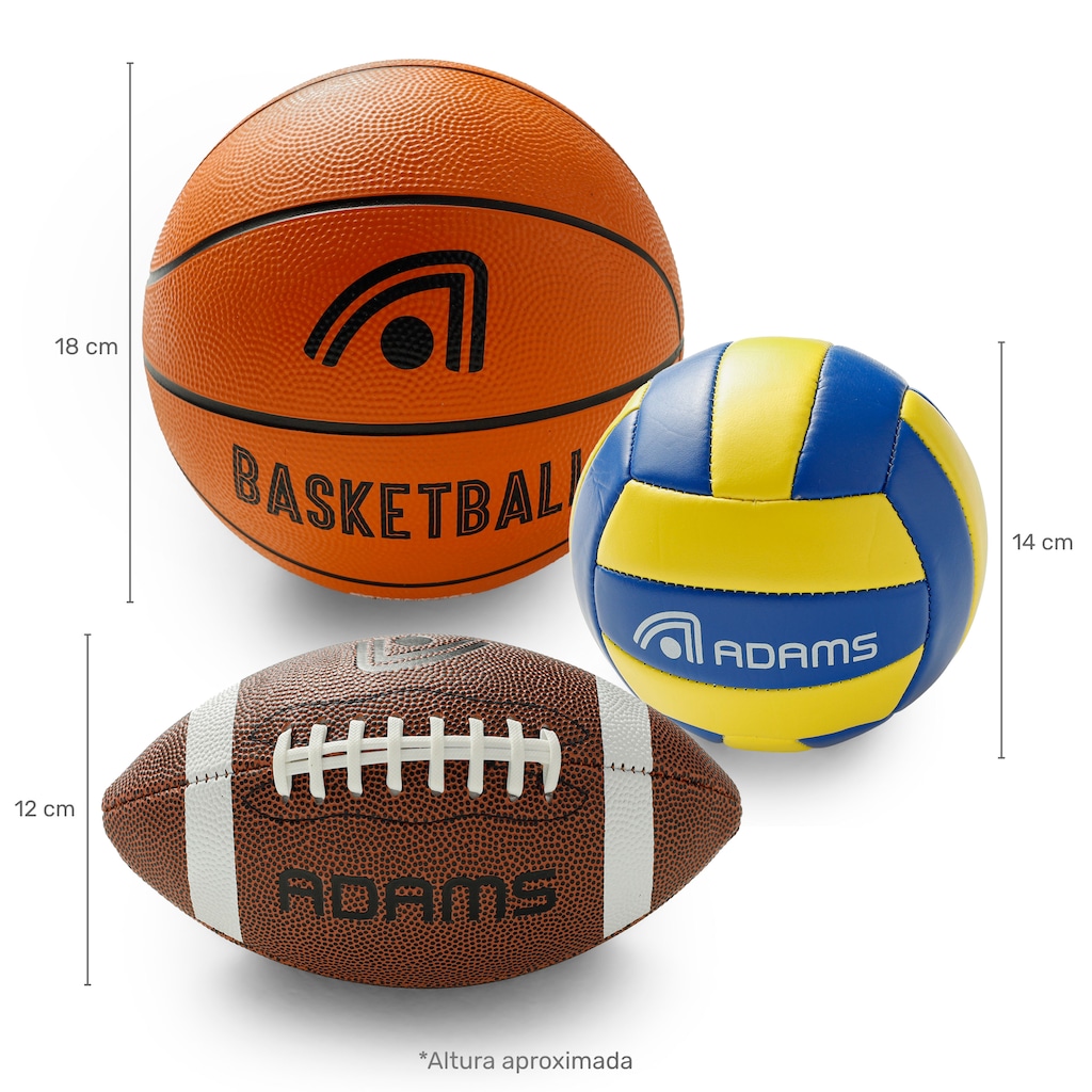 Imagem 2 do produto Kit Mini Bolas Esportivas Adams com 3 Unidades – Basquete, Futebol Americano e Vôlei