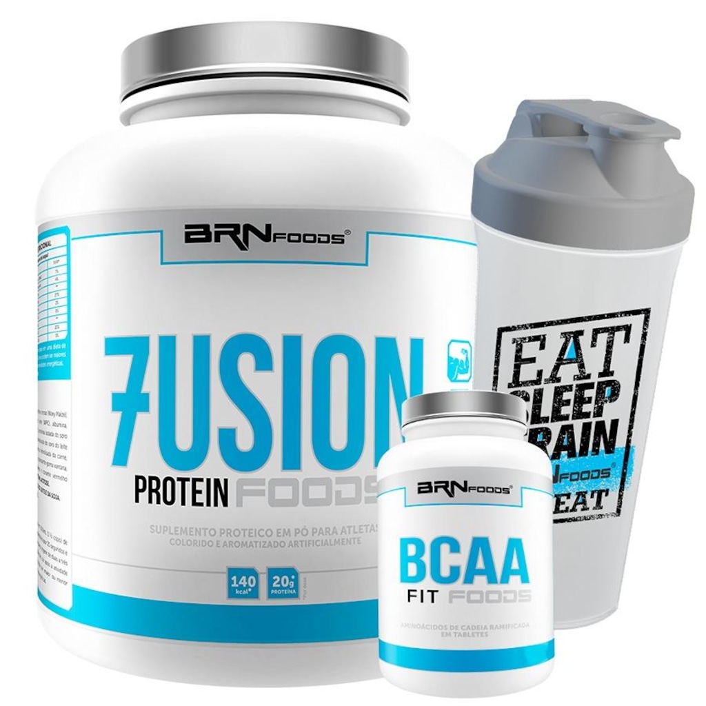 Imagem 1 do produto Kit Whey Protein BRN Foods 2kg Morango + BCAA 100g + Coqueteleira