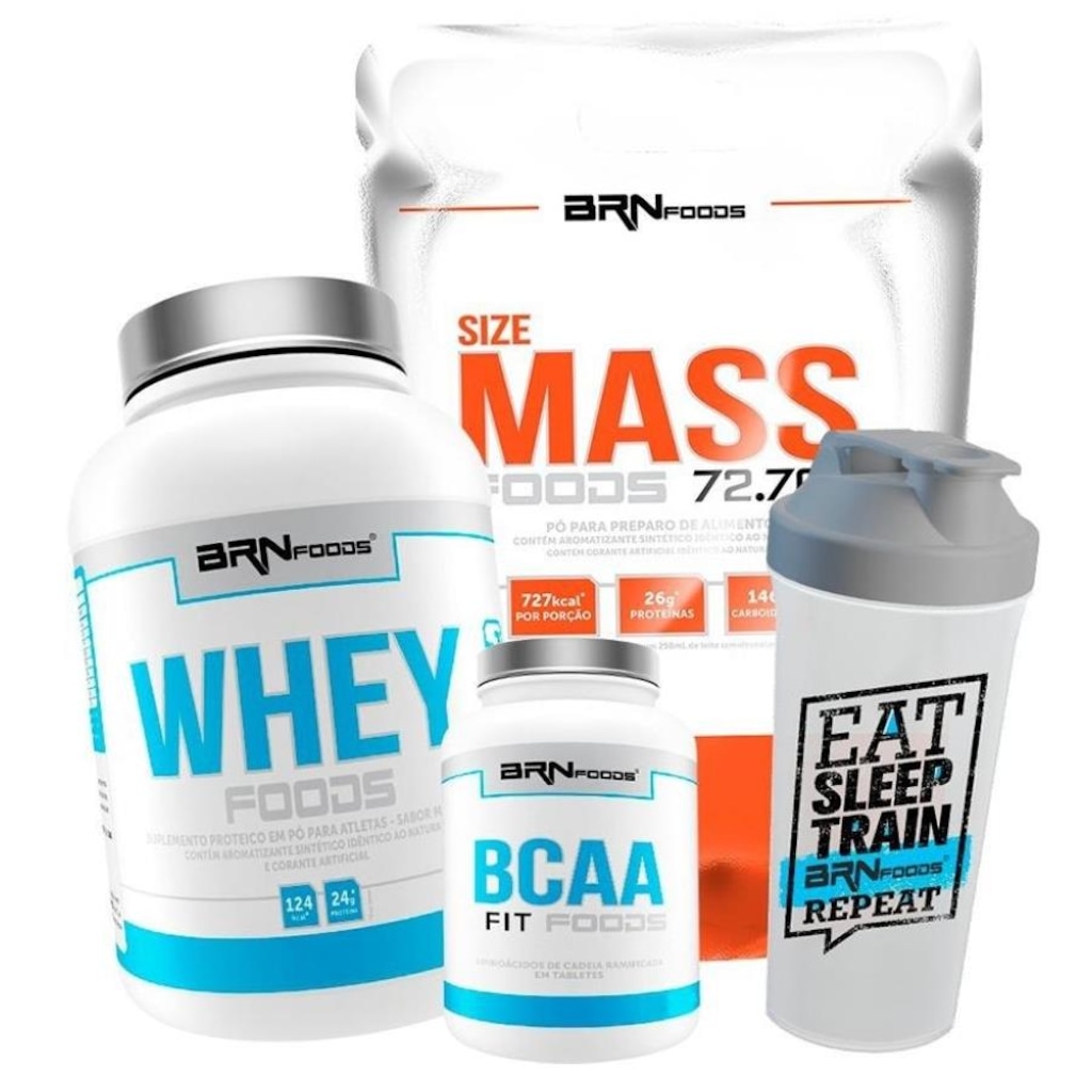 Imagem 1 do produto Kit Hipercalórico BRN Foods 3kg + Whey Protein 900g Baunilha + BCAA 100g + Coqueteleira
