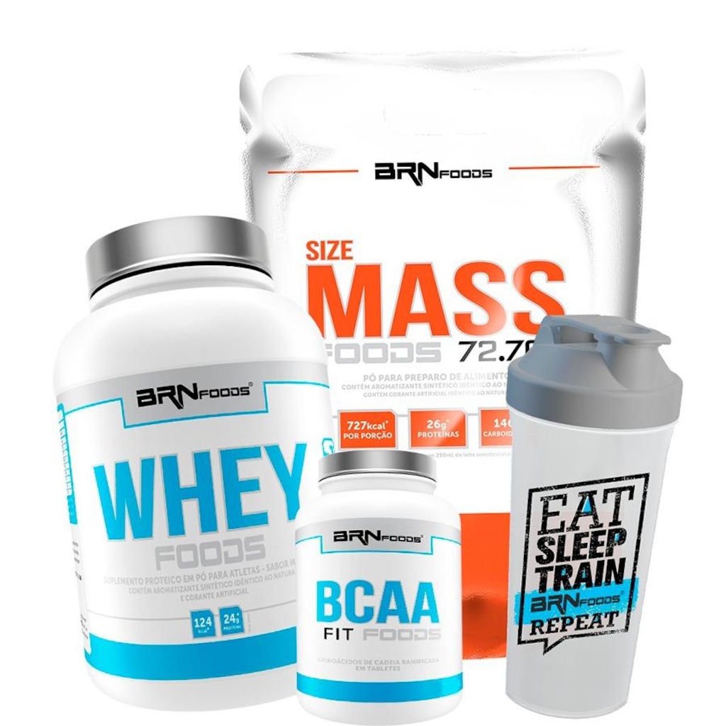 Imagem 1 do produto Kit Hipercalórico BRN Foods 3kg + Whey Protein 900g Chocolate + BCAA 100g + Coqueteleira