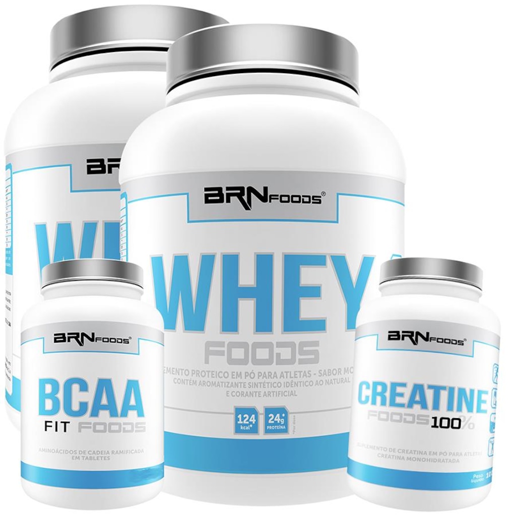 Imagem 1 do produto Kit 2x Whey Protein BRN Foods Morango -900g + BCAA 100g + Creatina 100g