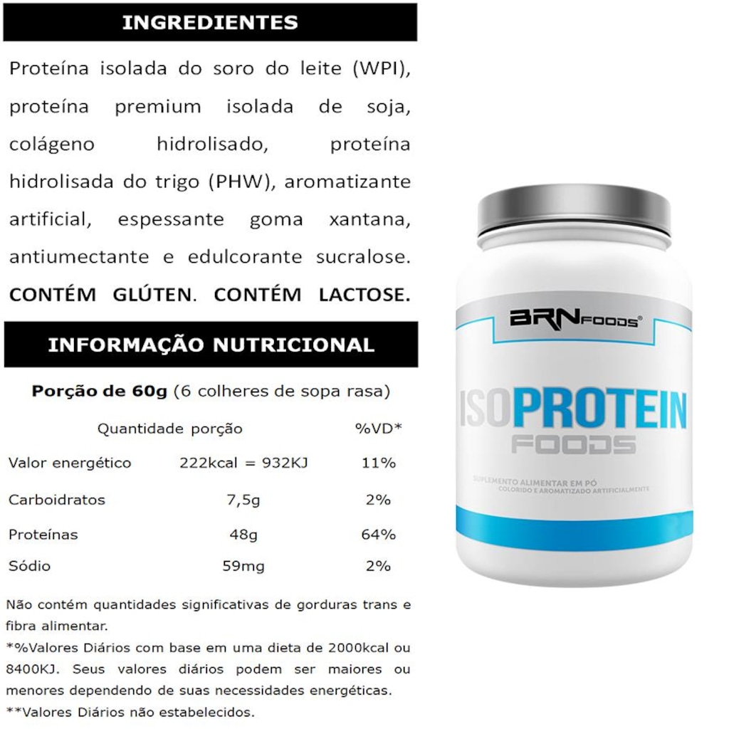 Imagem 2 do produto Kit Whey Protein BRN Foods Isolado 900g Chocolate + Creatina 300g + BCAA 100g + Coqueteleira