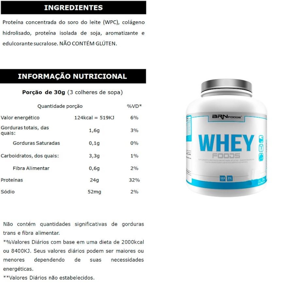 Imagem 2 do produto Kit Whey Protein BRN Foods 900g Morango + BCAA 100g + Glutamina 250g