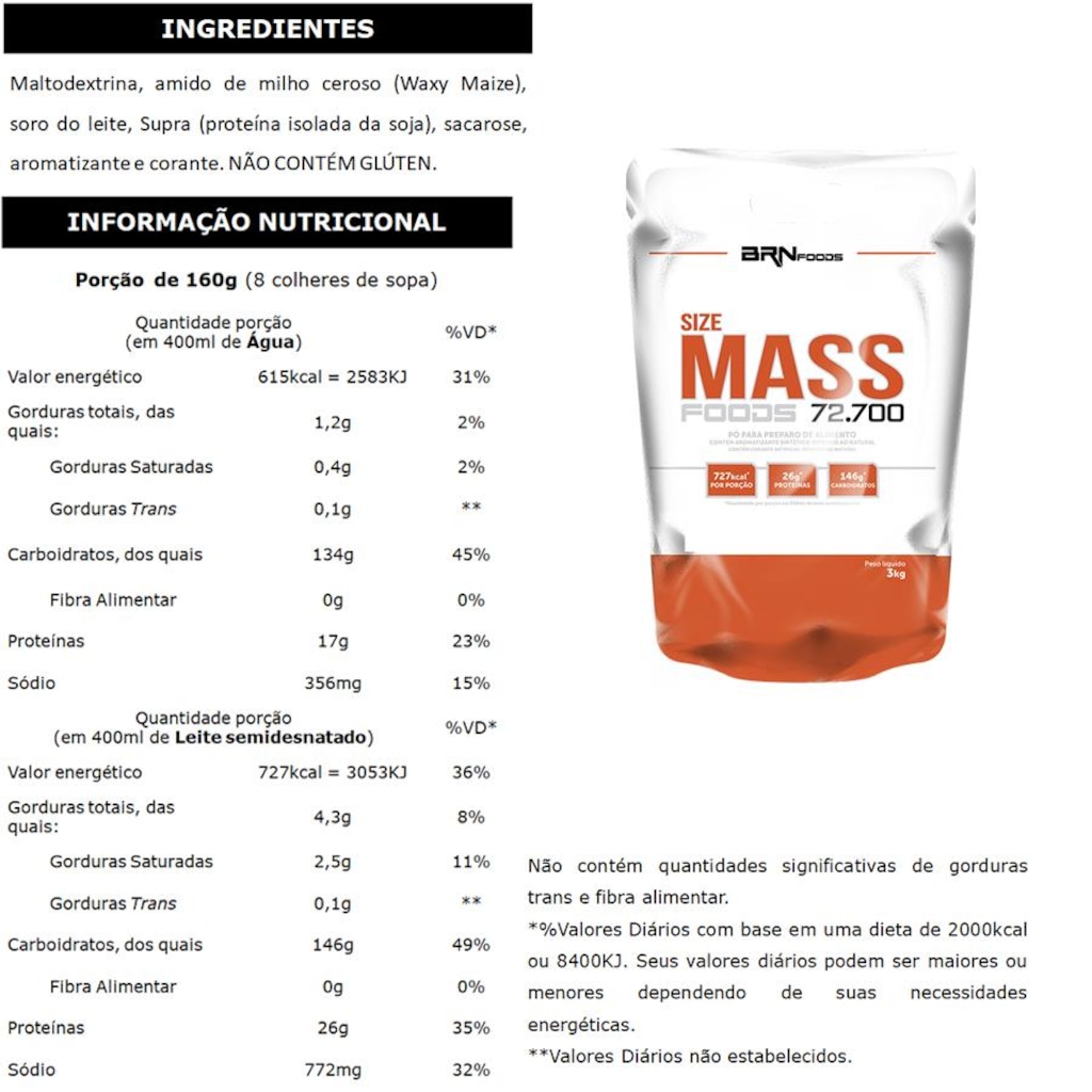 Imagem 2 do produto Kit Hipercalórico BRN Foods - Morango - 3kg - 3 Unidades