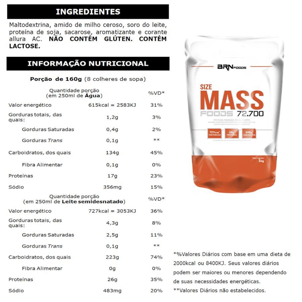 Imagem 2 do produto Kit Hipercalórico BRN Foods - Chocolate - 3Kg - 3 unidades