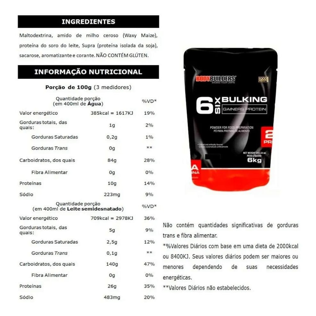 Imagem 2 do produto Massa 6 Bulking Gainers Protein Bodybuilders - Chocolate - 6 Kg - Refil