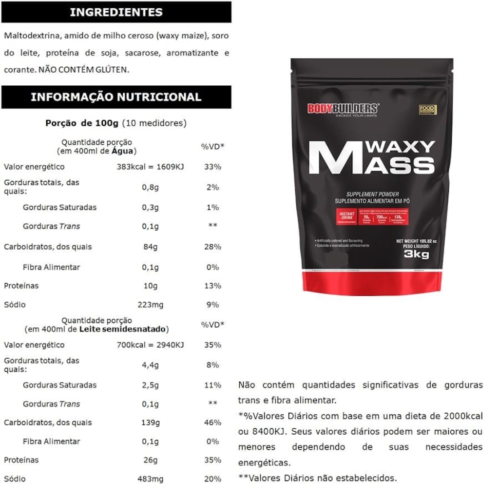 Imagem 2 do produto Kit Waxy Mass Bodybuilders - Morango - 3kg + Whey Protein 900g Morango + Creatina + BCAA + Coqueteleira