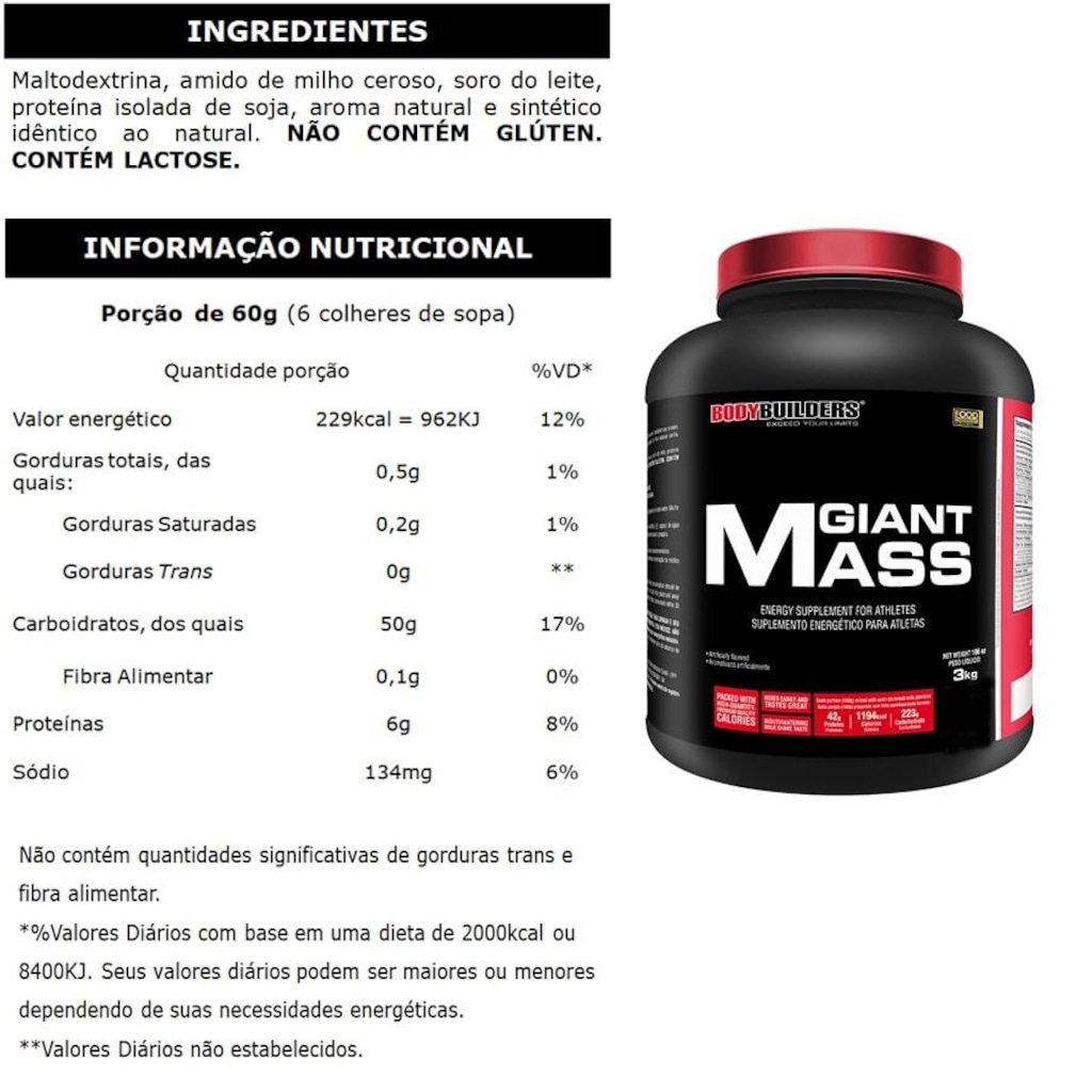 Imagem 2 do produto Kit Hipercalórico Bodybuilders - Baunilha - 3Kg + Whey Protein + Bcaa + Creatina + Coqueteleira