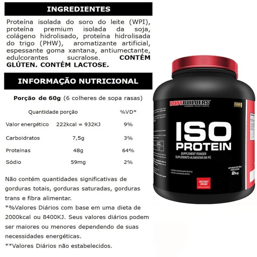 Imagem 2 do produto Whey Protein Isolado Bodybuilders - Morango - 2Kg + Coqueteleira