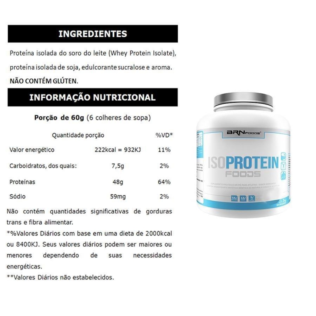 Imagem 2 do produto Whey Protein Isolado Brn Foods Iso Protein - Baunilha - 2kg + Fuel Shaker