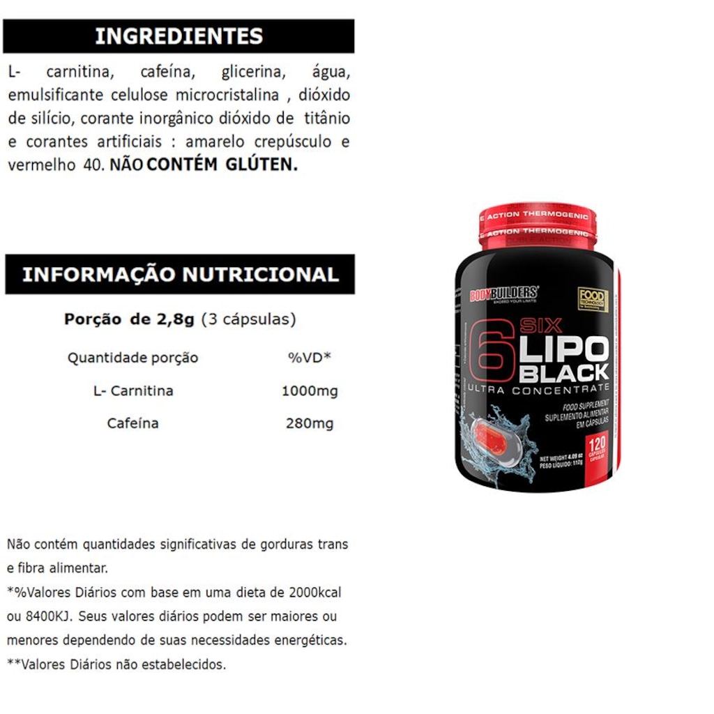 Imagem 2 do produto Termogênico Bodybuilders Lipo 6 Black - 120 Cápsulas