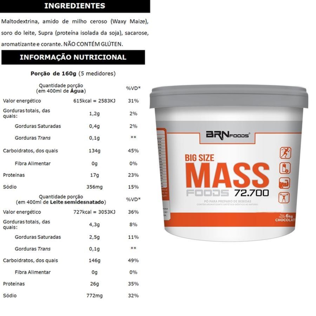 Imagem 2 do produto Kit Hipercalórico Big Size Mass BRN Foods - Morango - 6 Kg + BCAA Fit - 120 tab + Creatina - 100g + Coqueteleira