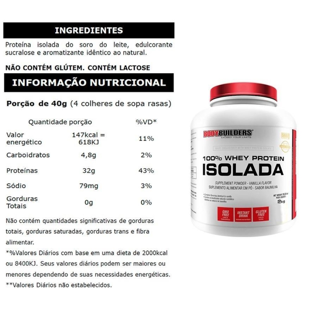 Imagem 2 do produto 100% Whey Protein Isolada Bodybuilders - Chocolateolate - 2kg