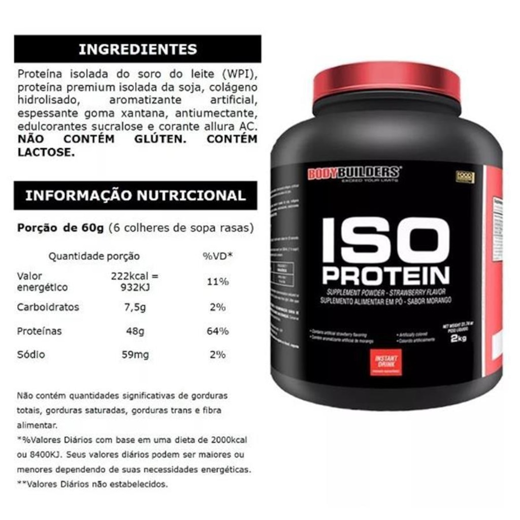 Imagem 2 do produto Kit Iso Protein Bodybuilders - Morango - 2kg + Amazing Mass - Morango 1,5kg + Creatina - 100g + Coqueteleira