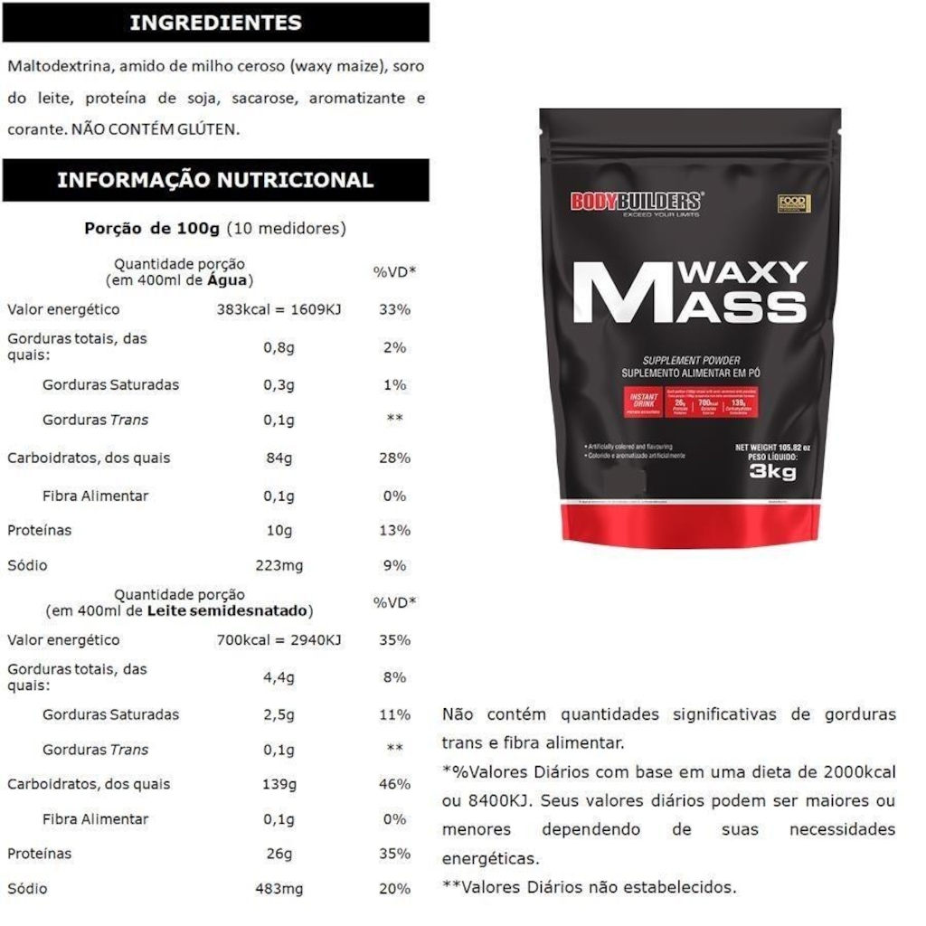 Imagem 2 do produto Kit Waxy Mass Bodybuilders - Chocolate - 3kg + Six Pote - Chocolate - 900g + ZMA + BCAA - 100g + Coqueteleira