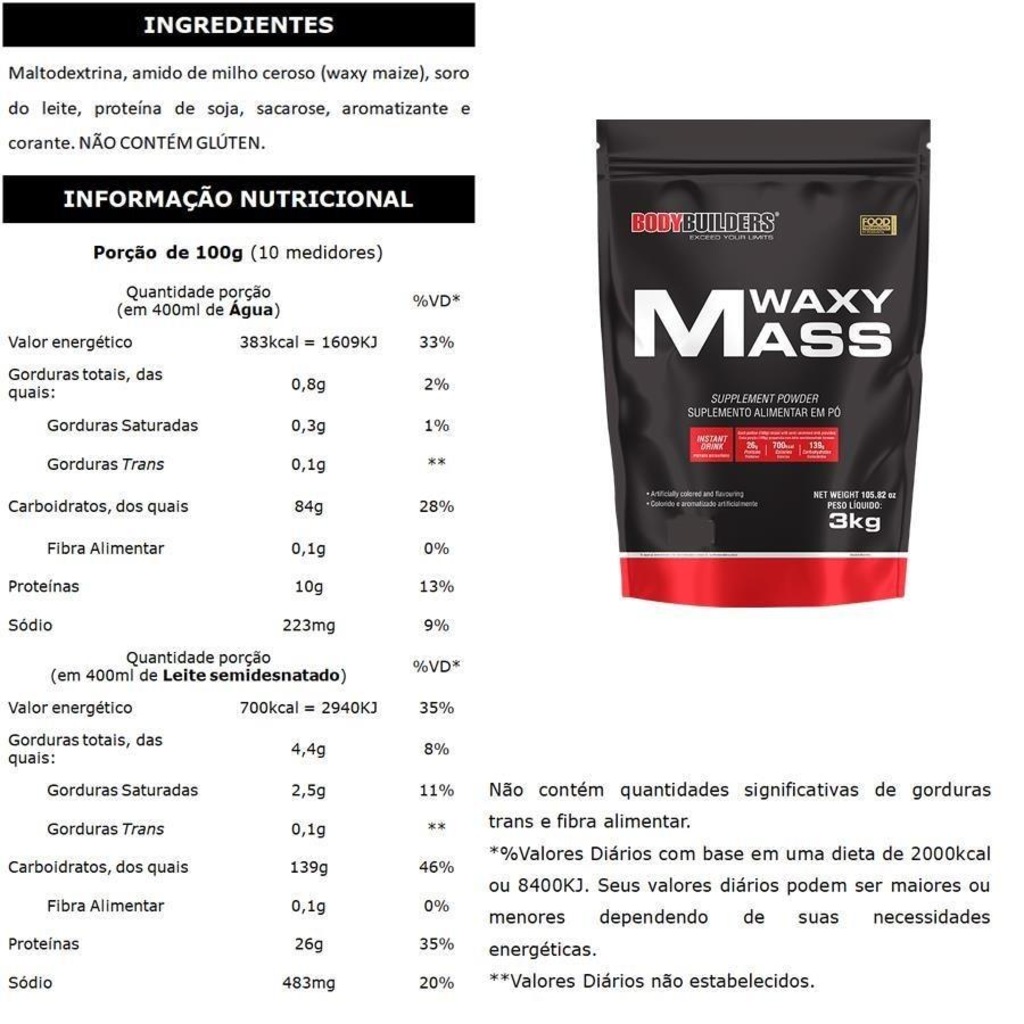 Imagem 2 do produto Kit Waxy Mass Bodybuilders - Baunilha - 3kg + Six Pote - Baunilha - 900g + ZMA + BCAA - 100g + Coqueteleira