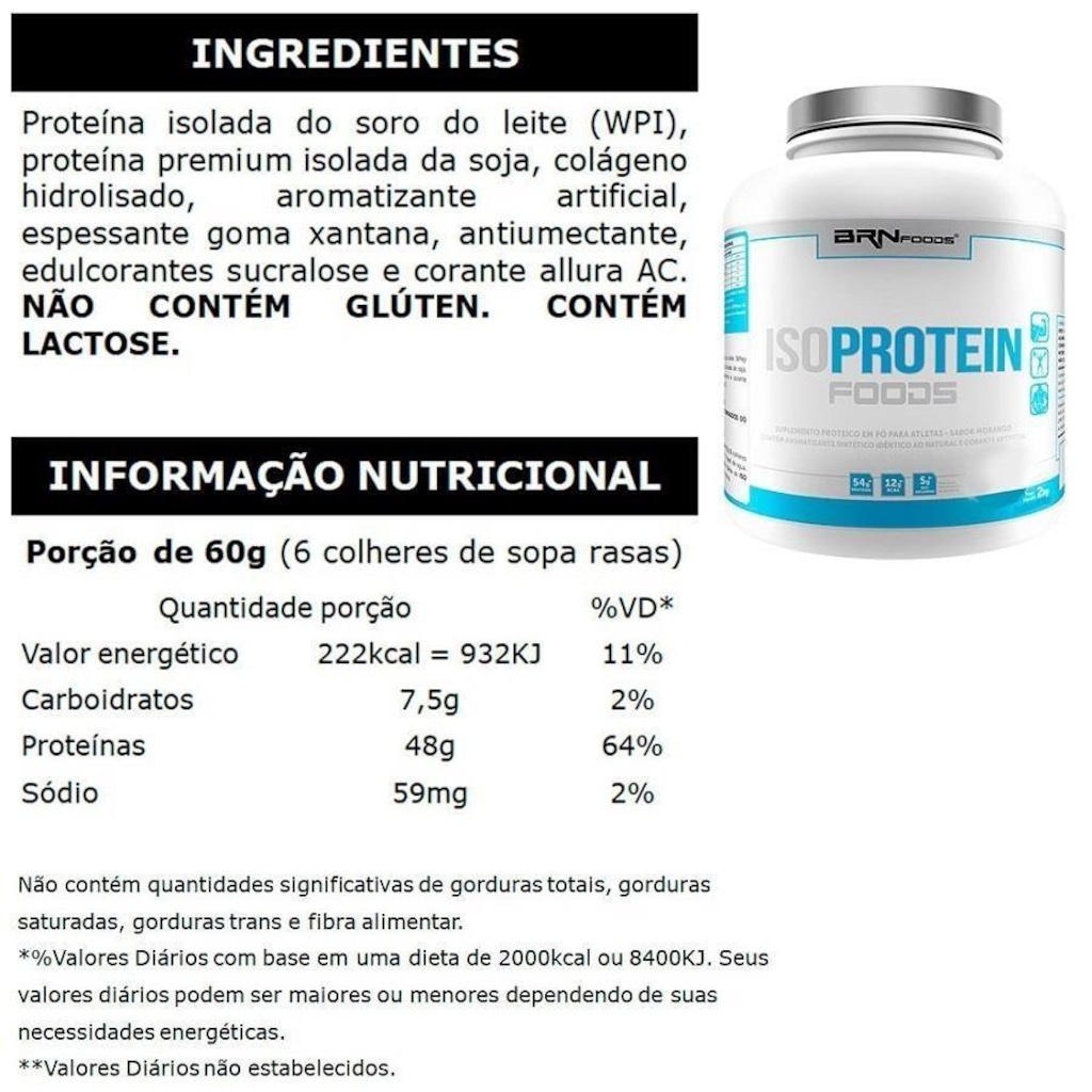 Imagem 2 do produto Kit Whey Protein Isolado BRN Foods Morango - 2kg + BCAA 100g + Creatina 100g + Glutamina 250g