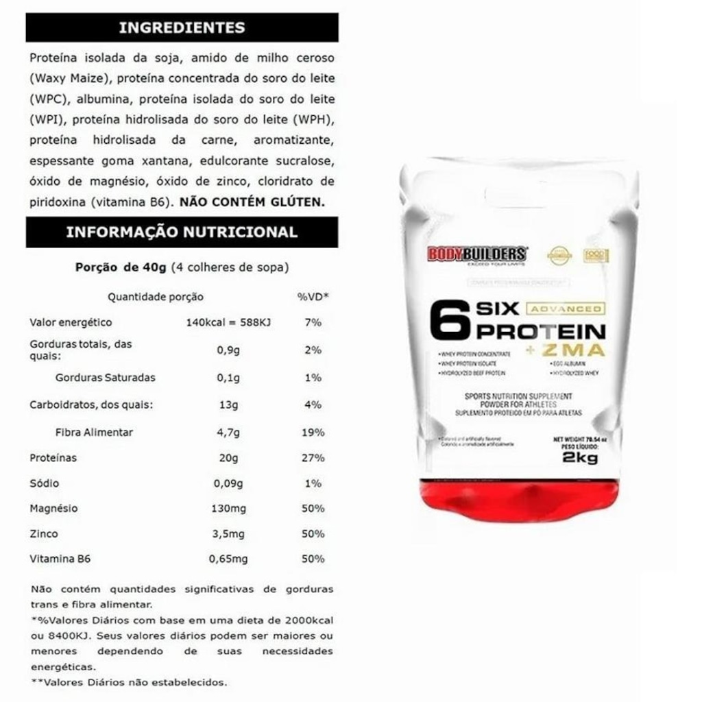 Imagem 2 do produto 6 Six Protein Bodybuilders Advanced com ZMA Bodybuilders Baunilha - Refil 2kg