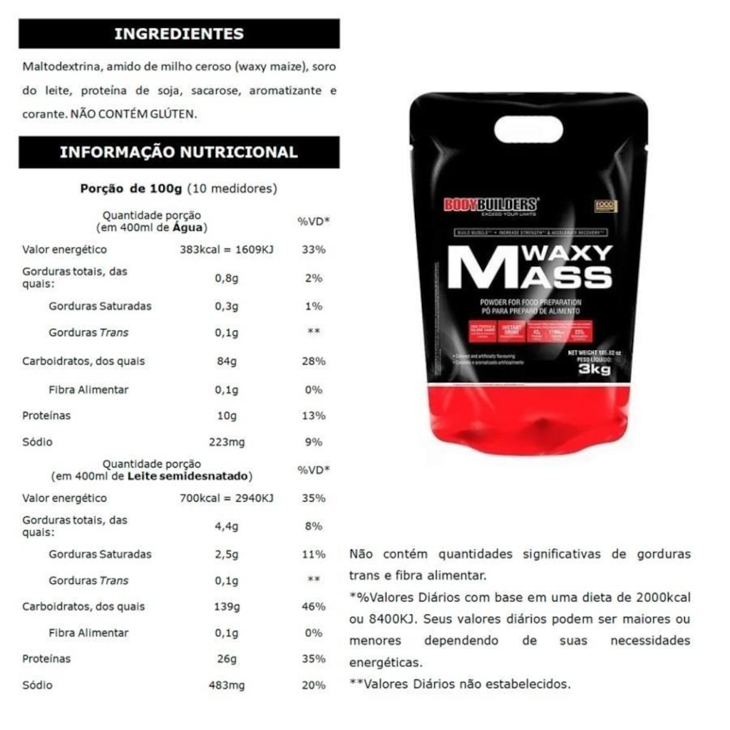 Imagem 2 do produto Kit Bodybuilders Waxy Mass Chocolate 3kg + Whey Protein Chocolate 500g + BCAA 100g