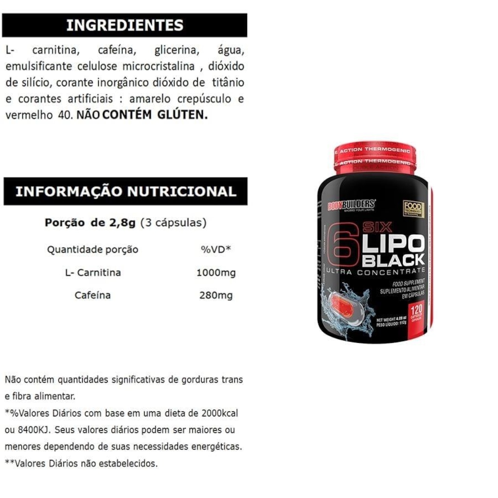 Imagem 2 do produto Kit Termogênico Bodybuilders Lipo 6 Black - 120caps - 3 unidades
