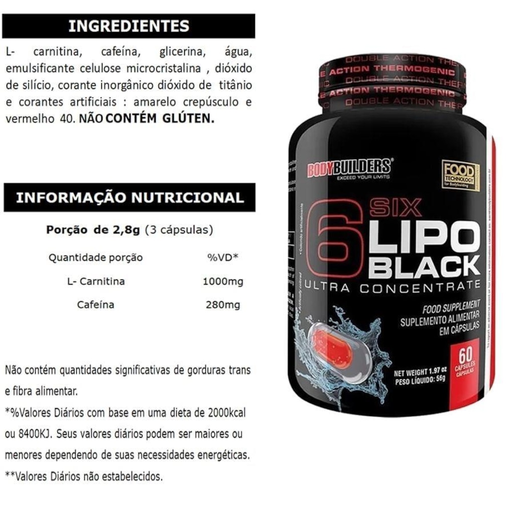 Imagem 2 do produto Termogênico Bodybuilders Lipo 6 Black - 60 cápsulas