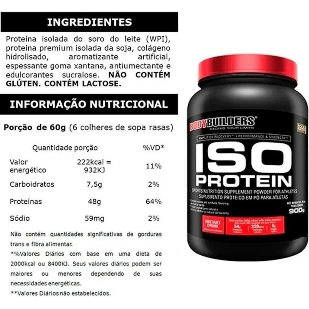 Imagem 2 do produto Kit 2x Whey Protein Isolado Bodybuilders - Baunilha - 900g + BCAA - 2 potes + Creatina - 2 potes + Shaker