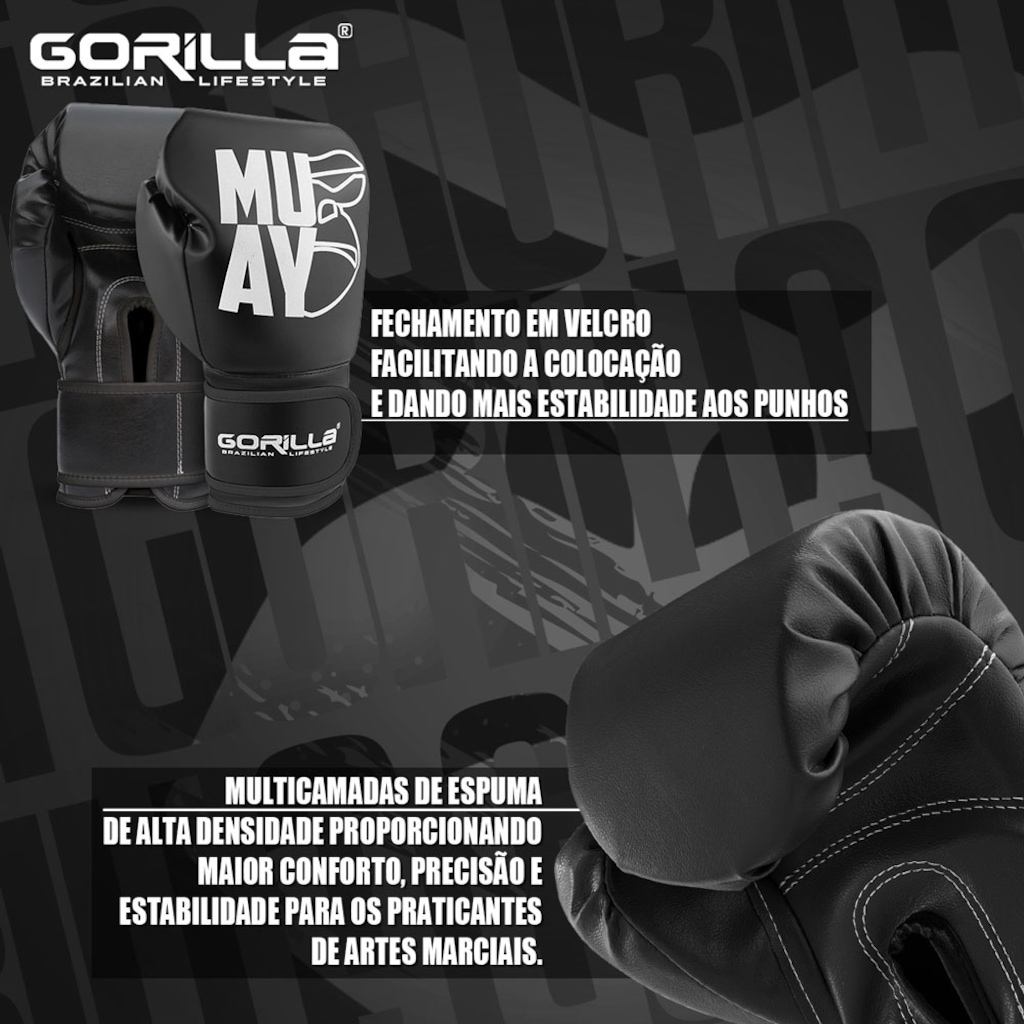 Imagem 5 do produto Luva de Muay Thai 12 Oz Expressive Black Gorilla Boxe Kickboxing Fight MMA Combate Profissional