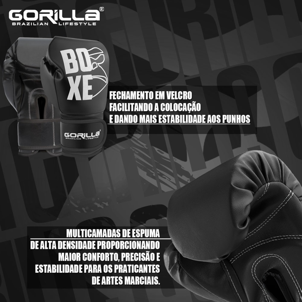 Imagem 2 do produto Luva De Boxe 12 Oz Expressive Black Gorilla Muay Thai Kickboxing Fight MMA Combate Profissional