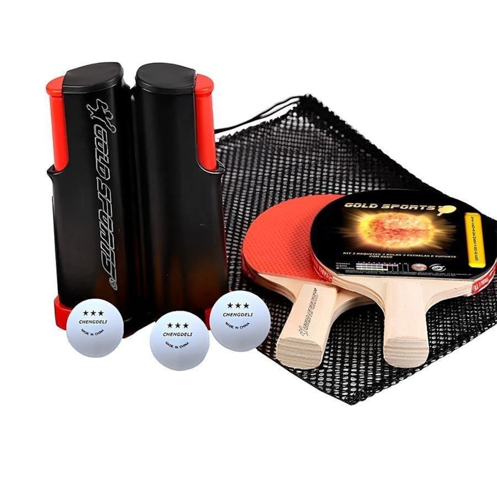 Imagem 2 do produto Kit Tênis de Mesa Gold Sports Gold Pro: 2 Raquetes + 3 Bolas 3 Estrelas + Suporte com Rede Retrátil