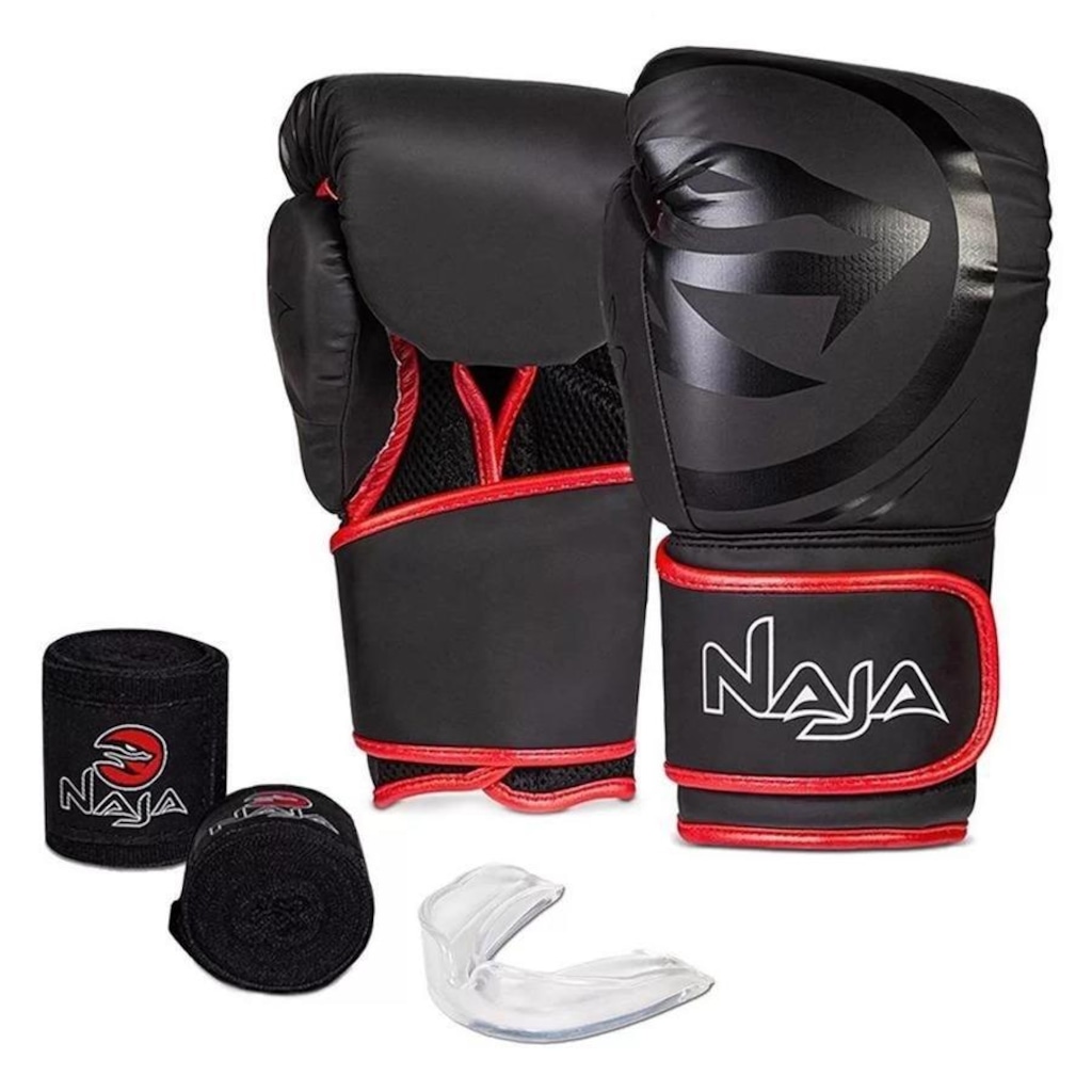 Imagem 2 do produto Kit de Boxe Naja: Bandagem + Protetor Bucal + Luvas de Boxe Black - 16 OZ - Adulto