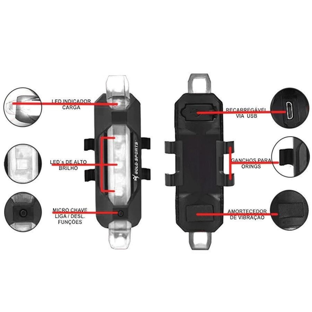 Imagem 2 do produto Lanterna para Bike Sinalizadora Gold Sports Led Clear 4 Modos Funções Cabo Usb Recarregável