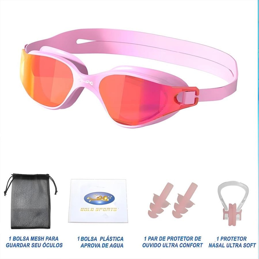 Imagem 2 do produto Kit Natação Gold Sports Óculos Lince Demi Mirror Hd + Mesh Bag + Clip Nasal + Protetor de ouvido