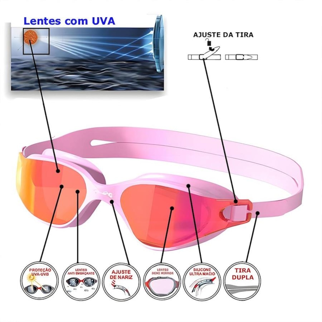 Imagem 3 do produto Kit Natação Gold Sports Óculos Lince Demi Mirror Hd + Mesh Bag + Clip Nasal + Protetor de ouvido