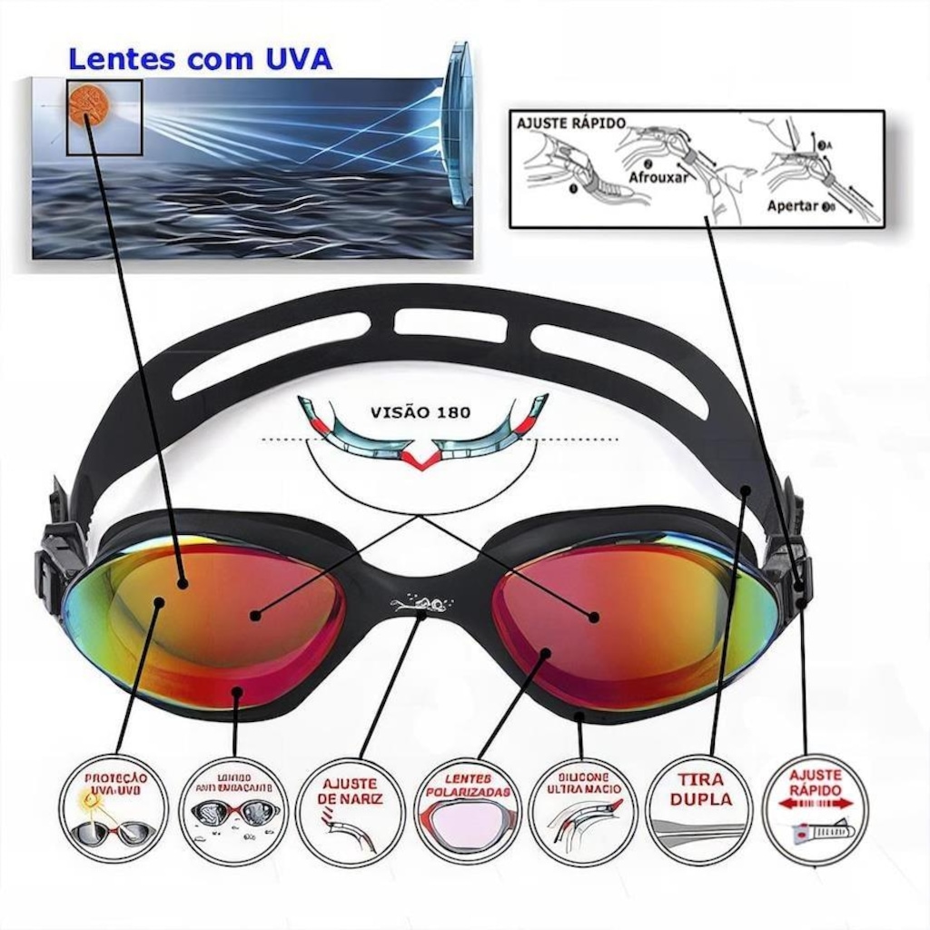 Imagem 4 do produto Kit Óculos de Natação Gold Sports Wave Ii Performance Espelhado Touca Elastano Nose Clip e Ear Plug - Adulto