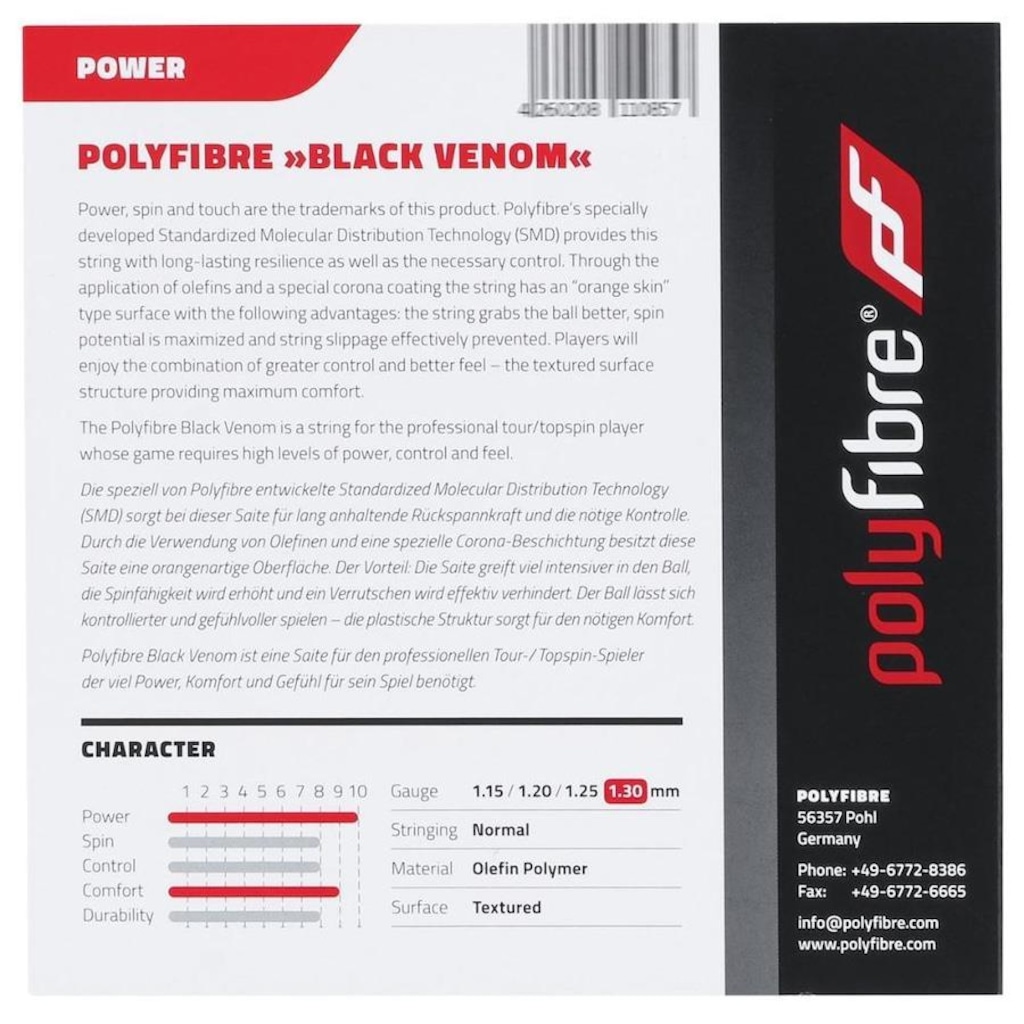 Imagem 3 do produto Corda para Raquete de Tênis Polyfibre Black Venom 16L 1.30mm - Set Individual