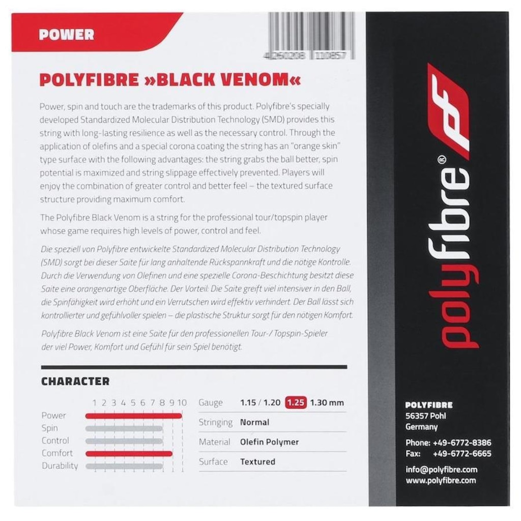Imagem 3 do produto Corda para Raquete de Tênis Polyfibre Black Venom 17L 1.25mm - Set Individual