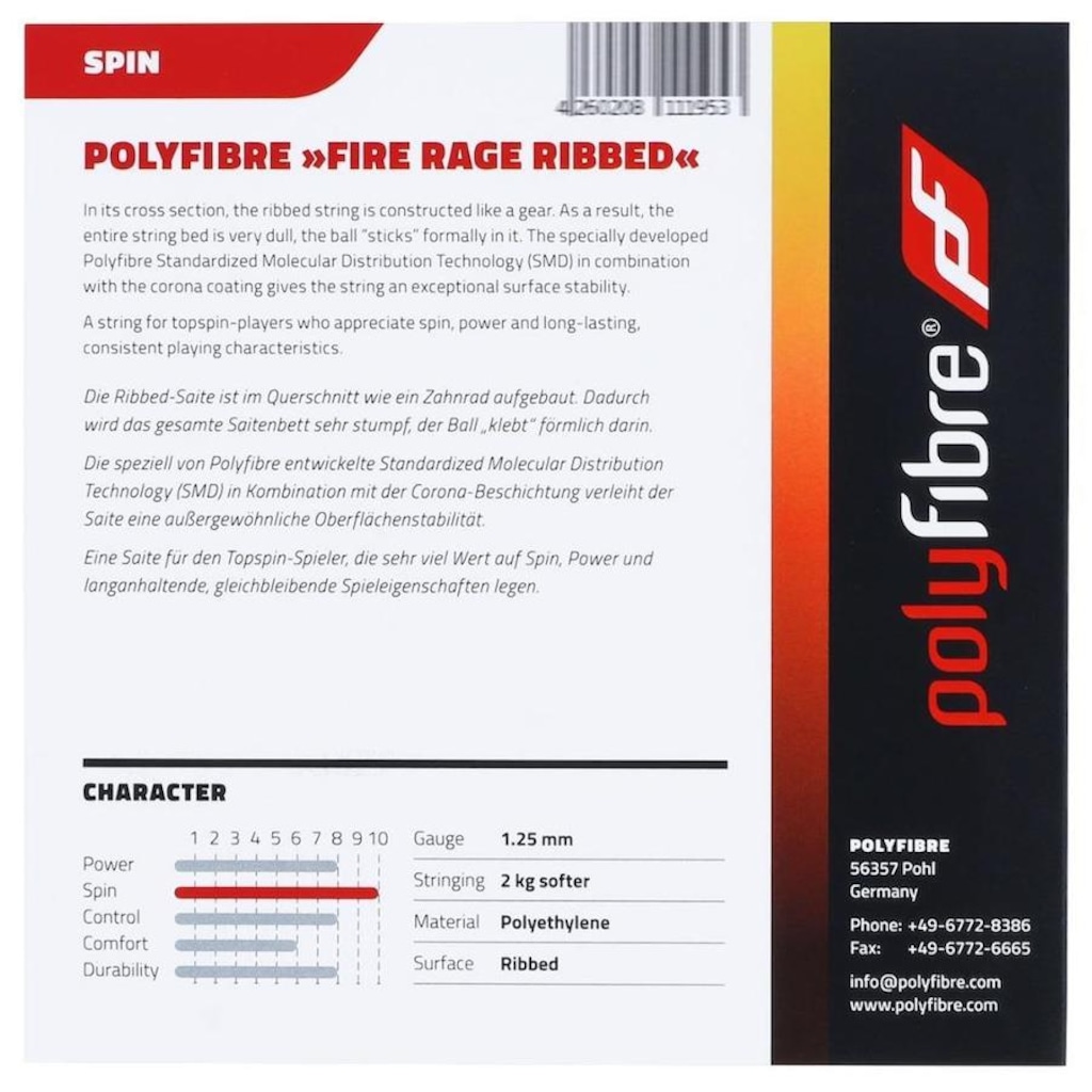 Imagem 3 do produto Corda para Raquete de Tênis Polyfibre Fire Rage Ribbed 17L 1.25mm - Set Individual