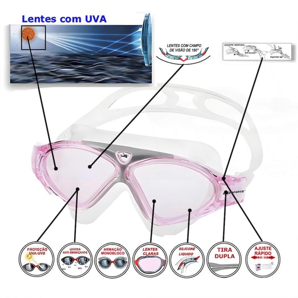 Imagem 2 do produto Kit Máscara de Natação Gold Sports Silicone Confort Hd - Touca Pu e Protetor Nasal e Ouvido - Adulto