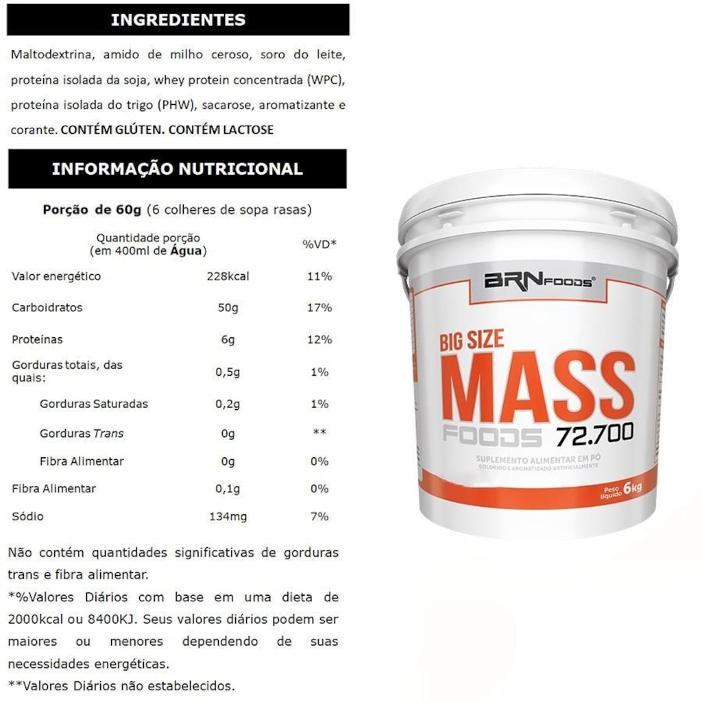 Imagem 2 do produto Hipercalórico Big Size Mass Foods 72.700 BRN Foods - Baunilha - 6 Kg