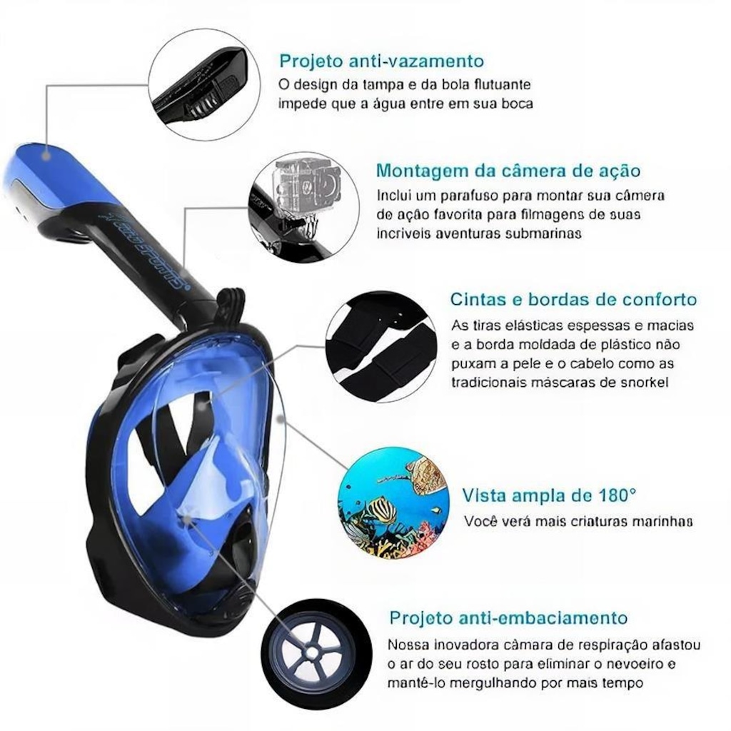 Imagem 4 do produto Mascara Subaquática de Mergulho Gold Sports Full Face com Snorkel - Adulto