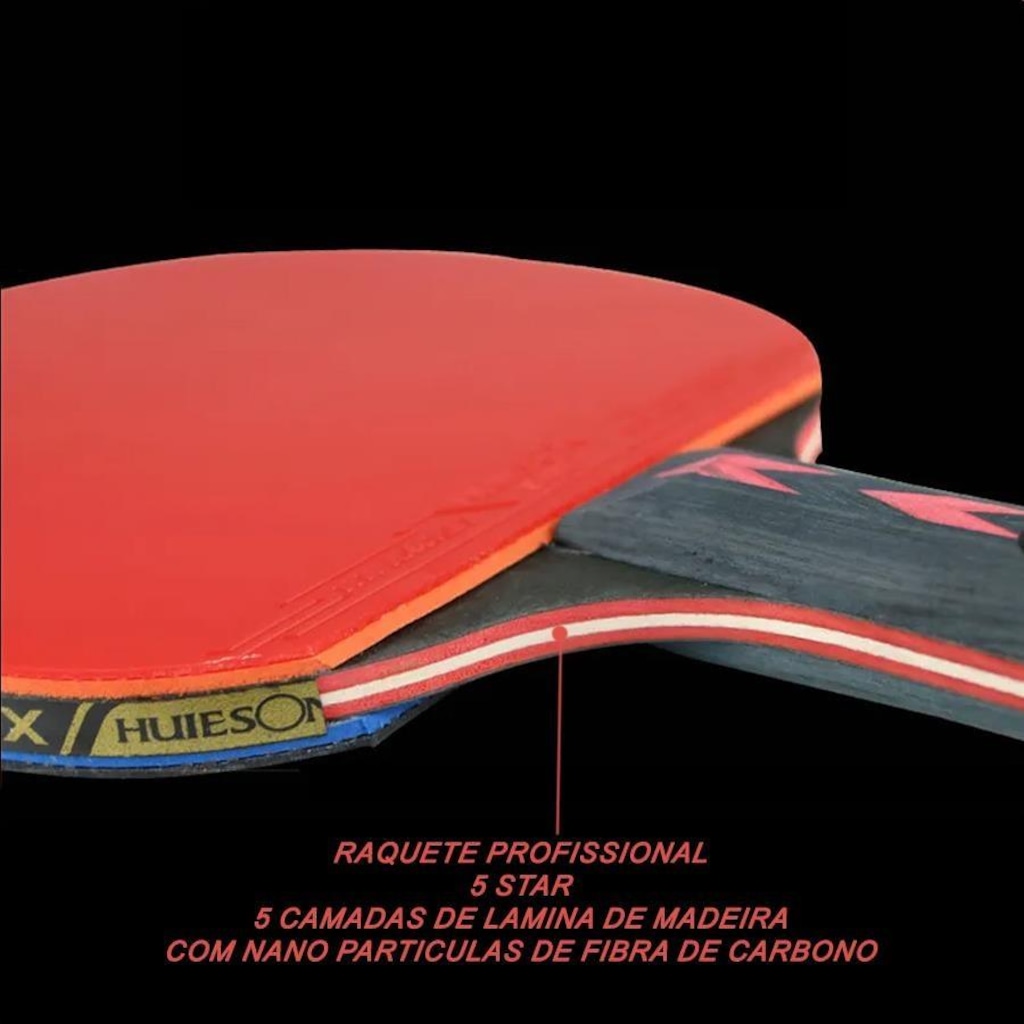 Imagem 4 do produto Kit Tênis de Mesa Huieson Carbon - 2 Raquetes Long 5 Star + Bolsa + 3 Bolas Gold Sports 3 Star