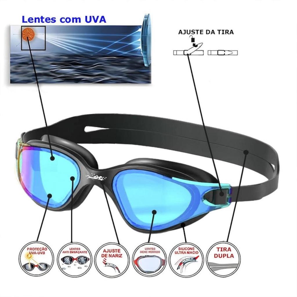 Imagem 2 do produto Kit Óculos de Natação Gold Sports Lince Demi Mirror Hd-Mesh Bag + Clip Nasal + Protetor de Ouvido - Adulto