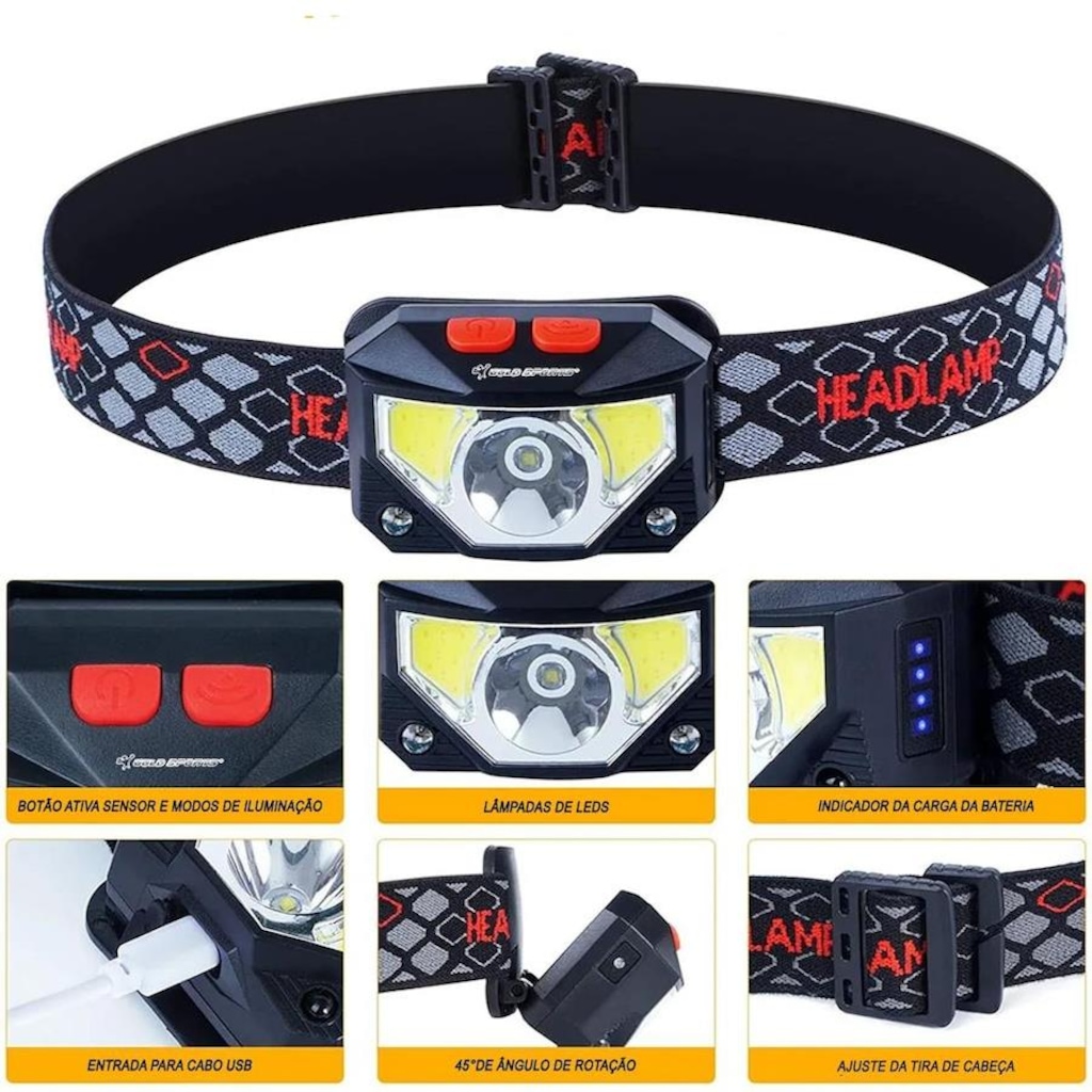 Imagem 4 do produto Lanterna de Cabeça Gold Sports Holofote Pro Recarregável 8 Model Bateria de Lítio a Prova de Água