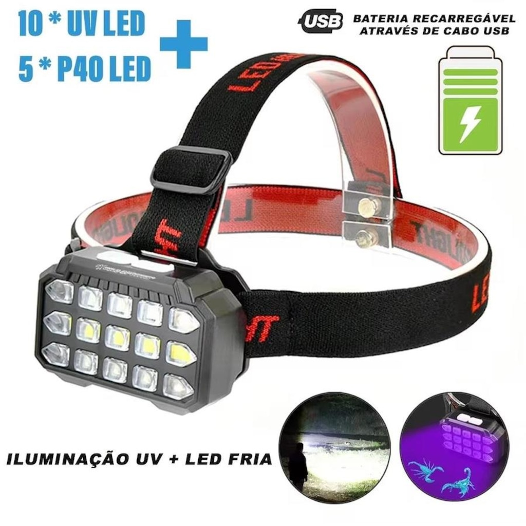 Imagem 2 do produto Lanterna Cabeça Gold Sports Uv E Leds Recarregáveis 4 Model Bateria De Lítio A Prova Água