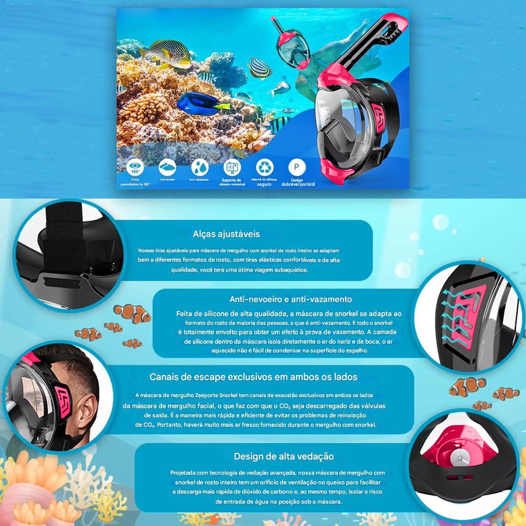 Imagem 5 do produto Mascara Subaquática de de Mergulho Gold Sports Gold Full Face Com Snorkel