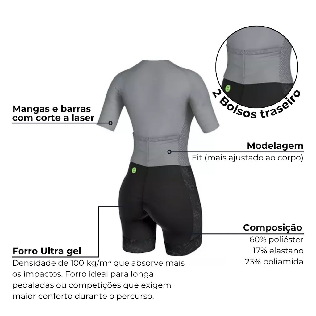 Imagem 2 do produto Macaquinho de Ciclismo ERT Elite Grafite Forro em Gel - Feminino