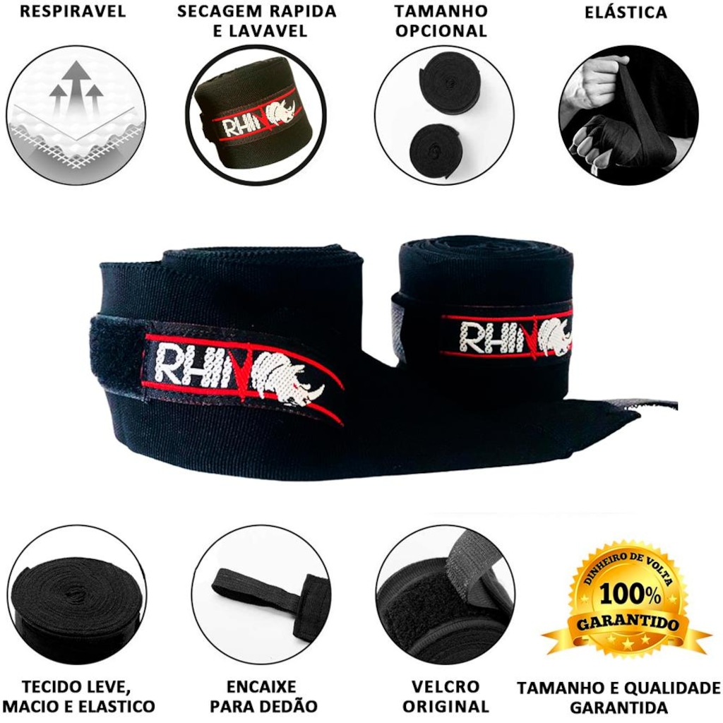 Imagem 2 do produto Bandagem Atadura Elástica Boxe e MuayThai Rhino 3 Metros - 3 Unidades