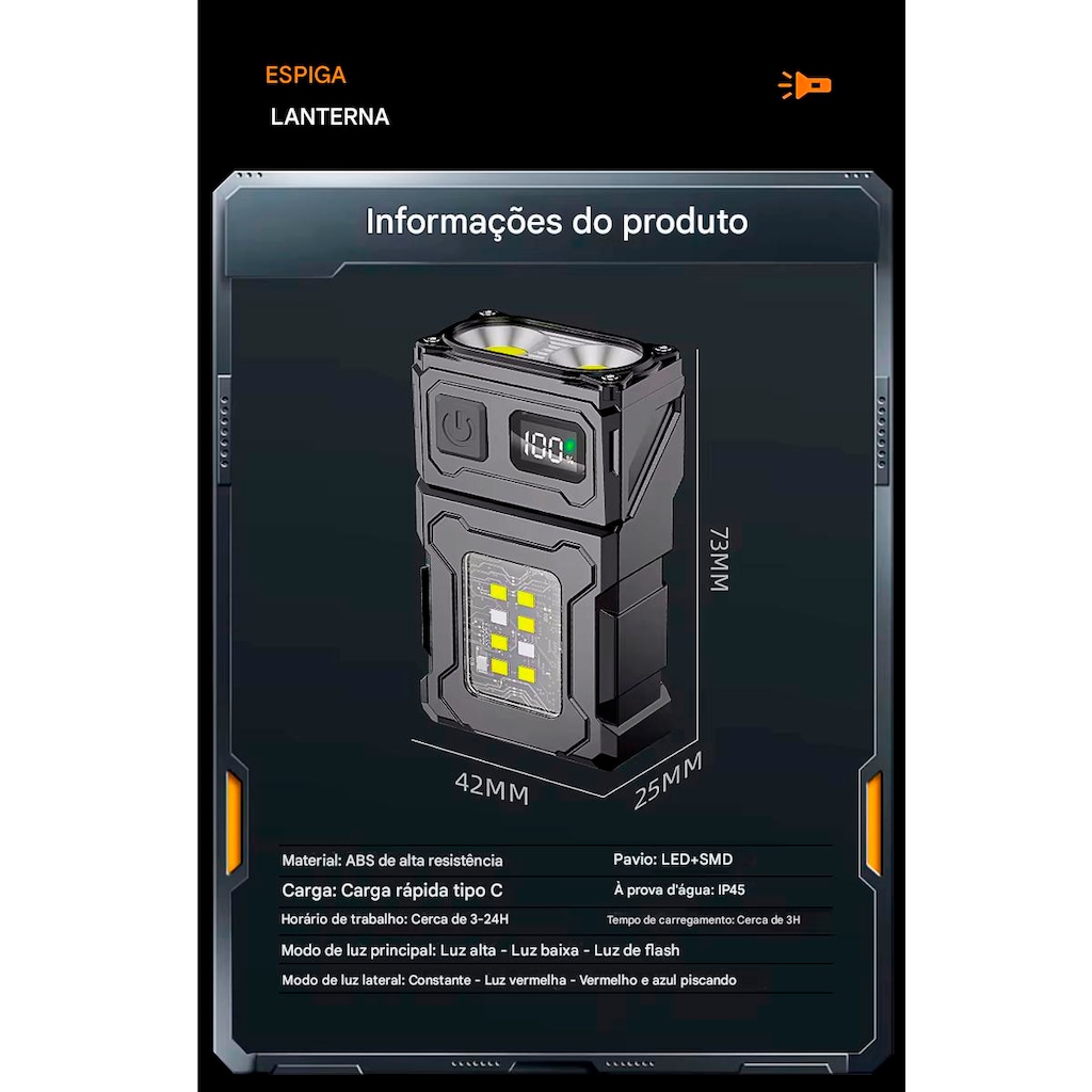 Imagem 2 do produto Mini Lanterna Gold Sports Led Cob Luz Dupla Super Brilhante Usb 180° Com Imã
